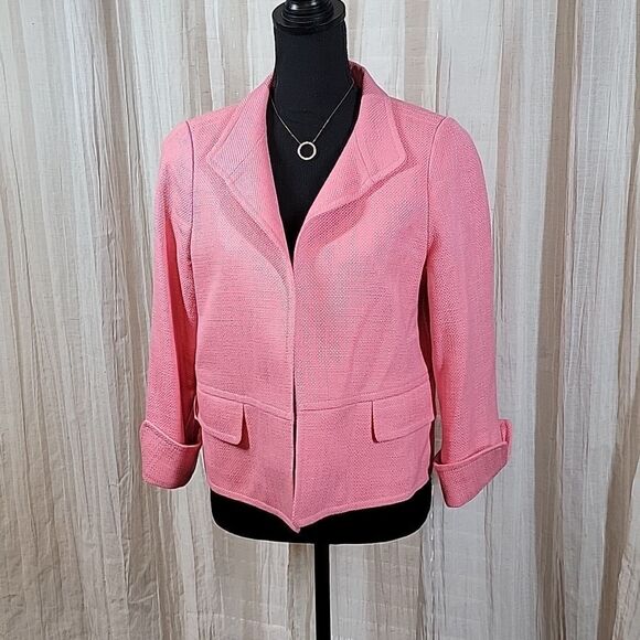 Talbots Pink Textured 3/4 Sleeve Open Front Blazer - Picture 9 of 16